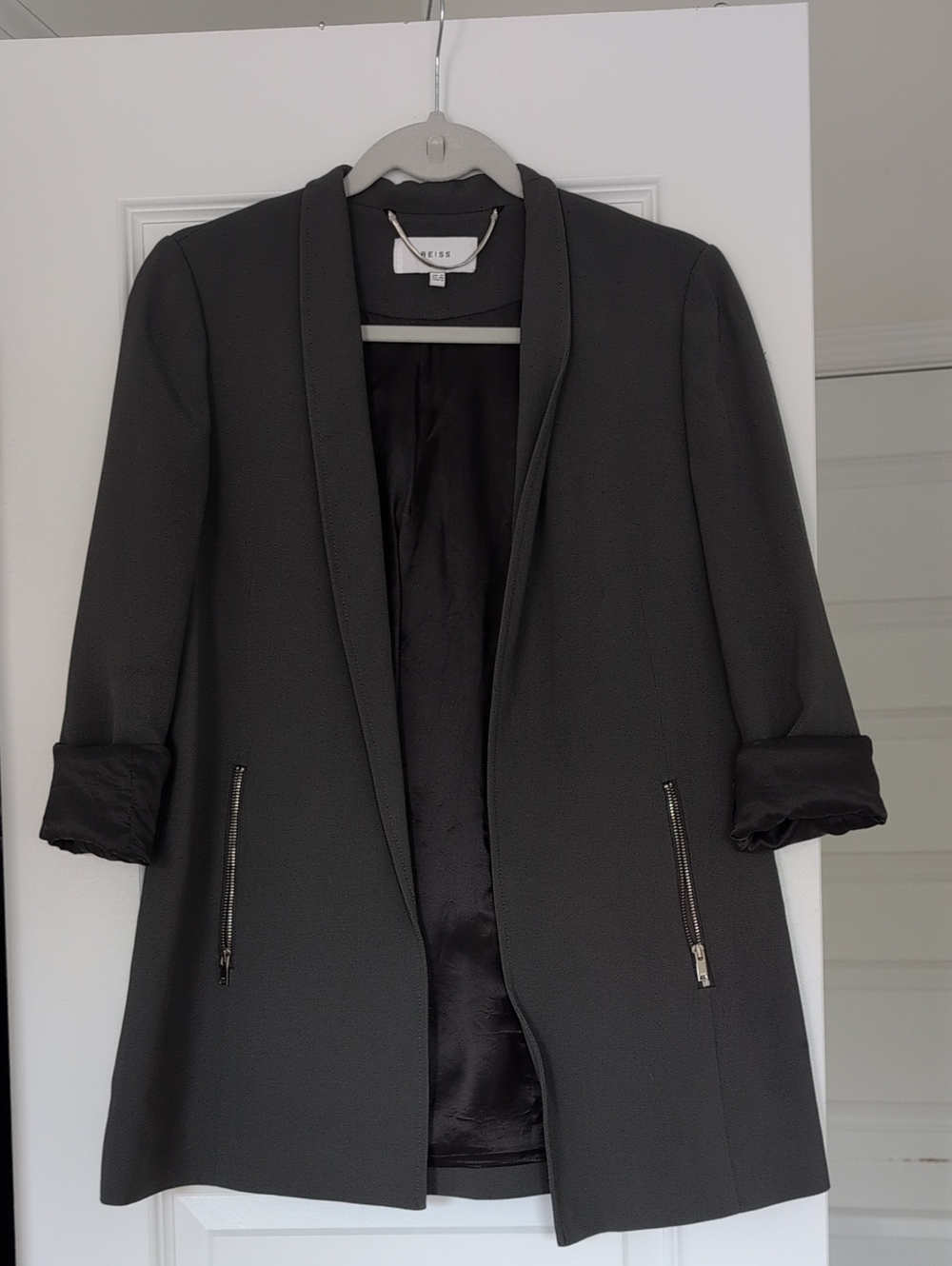Reiss Oversized Grey Open-Front Blazer with Zip Pockets